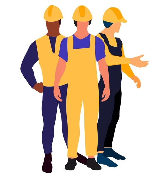 Constructores Hombres Con Uniforme Sombrero Protección Equipo Constructores Trabajadores Industriales — Vector de stock