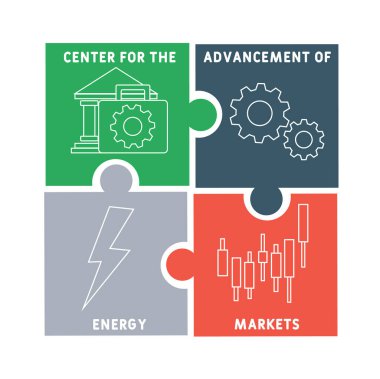 CAEM - Enerji Piyasalarının İlerlemesi Merkezi kısaltması. İş kavramı geçmişi. Anahtar sözcükler ve simgelerle vektör illüstrasyon kavramı. Web afişi ve broşürü simgeleriyle resimleme