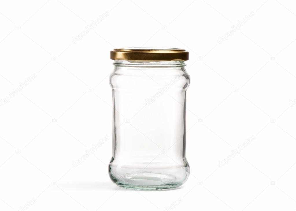 Empty glass jar over white background