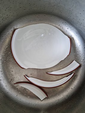 Seramik tabak kırıldı. Yemek hazırlıkları sırasında mutfakta arıza çıktı. Yemek tabağı paramparça oldu. Lavaboda tabak parçaları var..