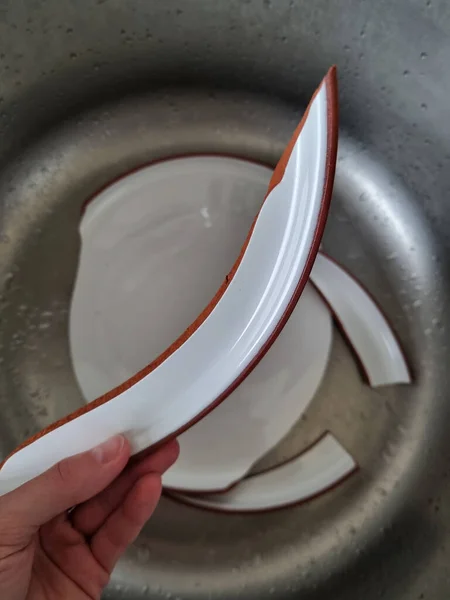 Ceramic plate broke apart. Failure in the kitchen during meal preparation. Dinner plate cracked into pieces. Hand holds broken plate shred.