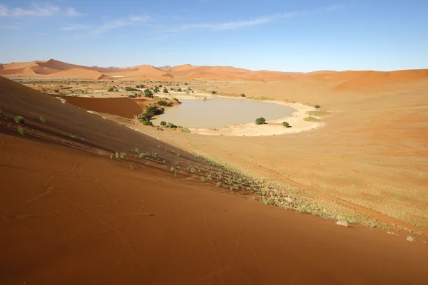 Weergave van sossusvlei en deadvlei vanaf de bovenkant van het Duin — Stockfoto