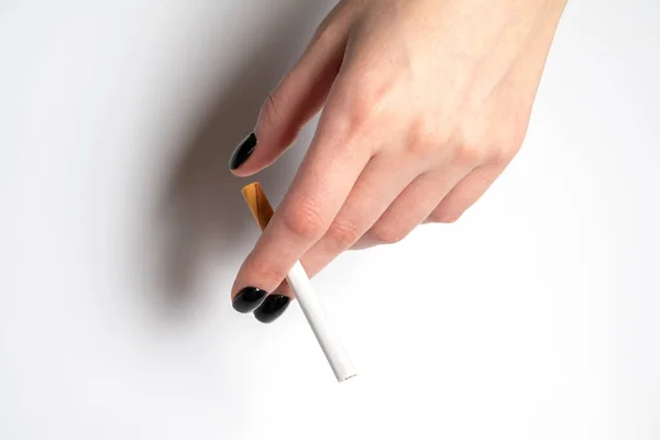 Gentle Female Hand Black Nail Polish Ordinary Cigarette Harm Smoking — Stock Photo, Image
