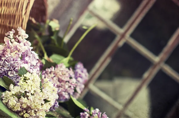 Weidenkorb mit fallenden Blumen — Stockfoto