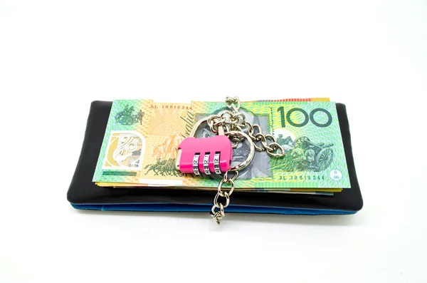 Black leather wallet with lock and some banknote — Stock Photo, Image