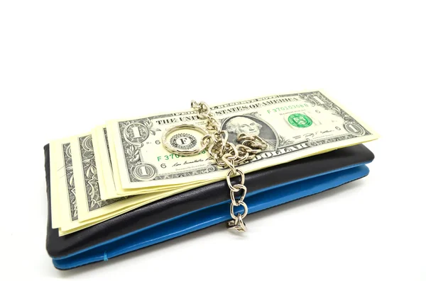 Black leather wallet with lock and some banknote Stock Photo