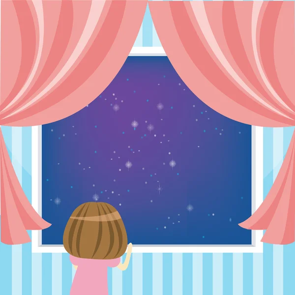 Молода дівчина дивиться на небо в нічний час — стоковий вектор