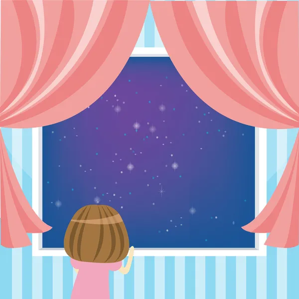 Mladá dívka v noční době při pohledu na oblohu — Stockový vektor