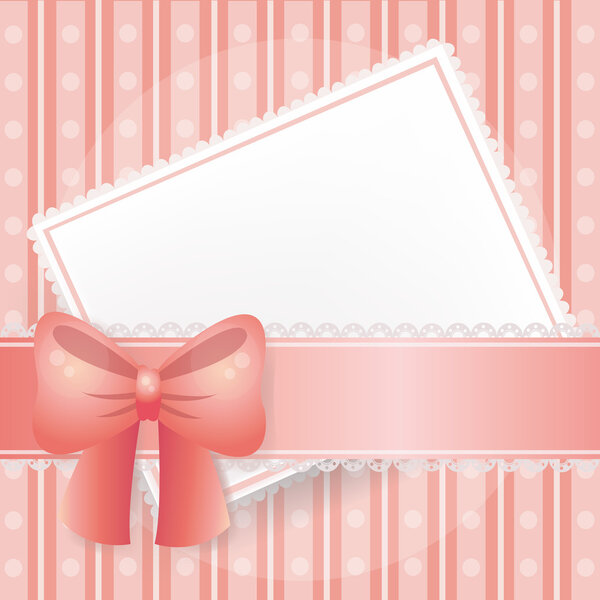 Pink card in vector background with lace, ribbons and bows