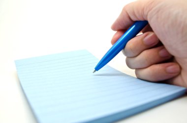 Man hand with blue pen