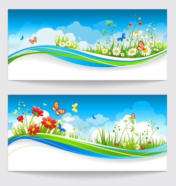 Dois banners de verão com flores e borboletas — Vetor de Stock