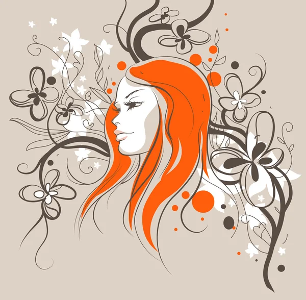 Esquisse fille avec fond floral — Image vectorielle