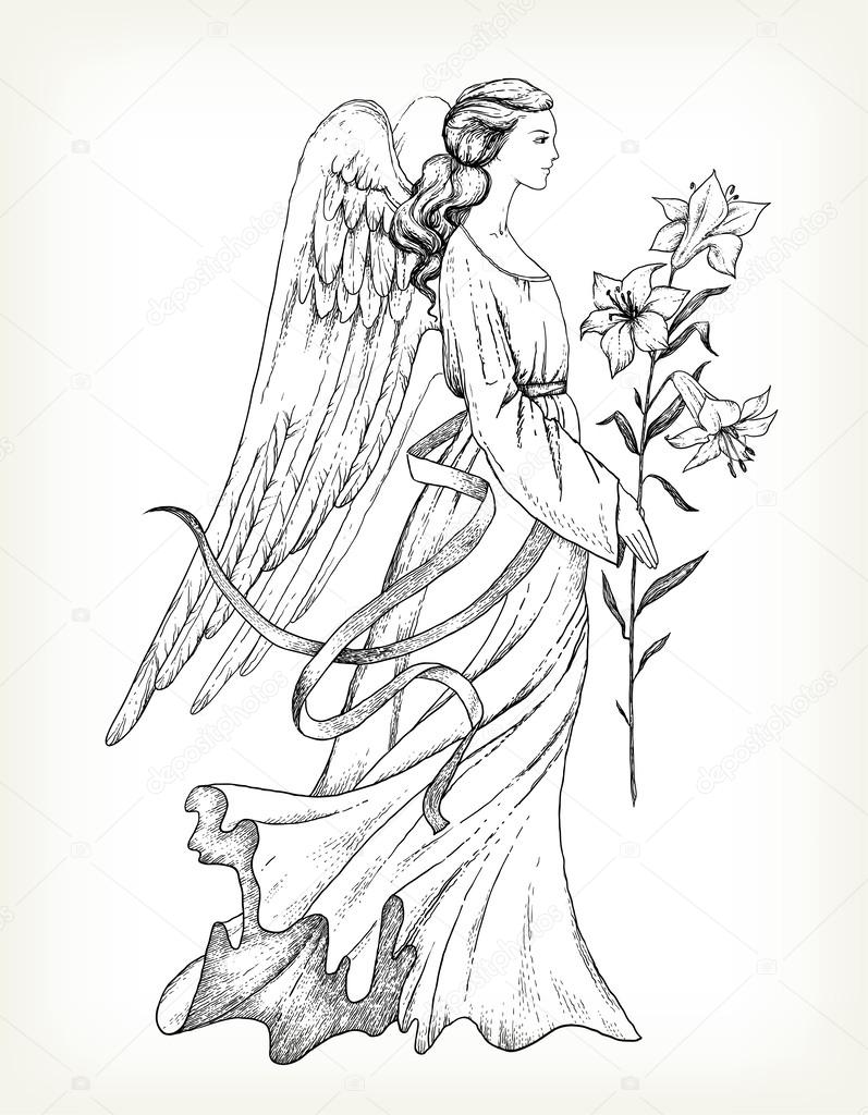Hand drawn angel with lily