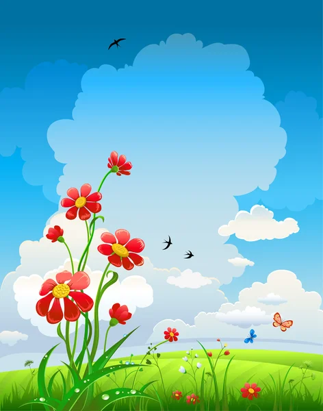 夏天自然背景用鲜花和蓝蓝的天空 — 图库矢量图片