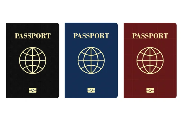 白い背景に隔離された国際的な生体認証黒青と赤のパスポート — ストックベクタ