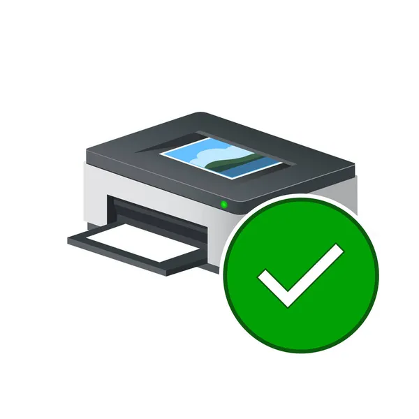 Impresora Volumétrica Con Icono Marca Verificación Para Computadora Personal Unidad — Vector de stock