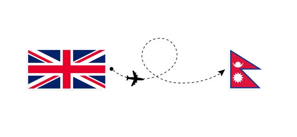 Flug Und Reise Von Großbritannien Nach Nepal Mit Dem Passagierflugzeug — Stockvektor