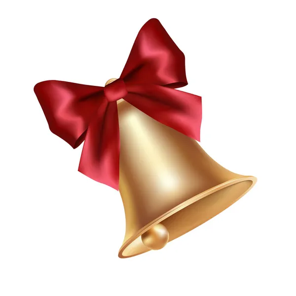 Volumétrico Realista Campana Navidad Oro Con Lazo Rojo — Vector de stock