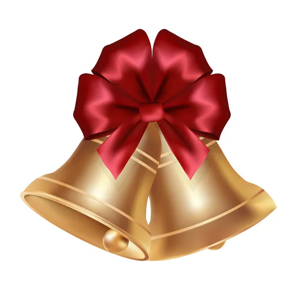 Объемный Реалистичный Золотой Рождественский Колокол Красным Бантом — стоковый вектор