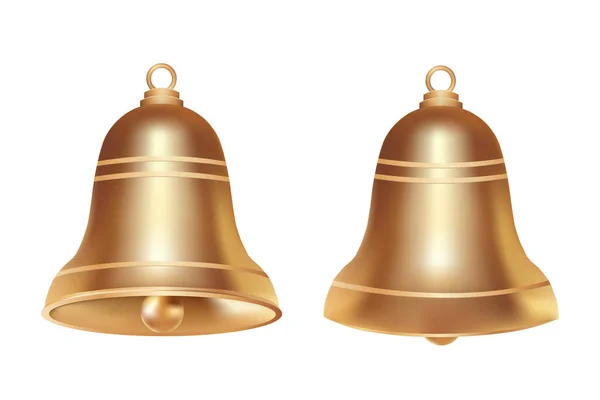 Два Ємні Реалістичні Золоті Різдвяні Дзвіночки Ізольовані Білому Тлі — стоковий вектор