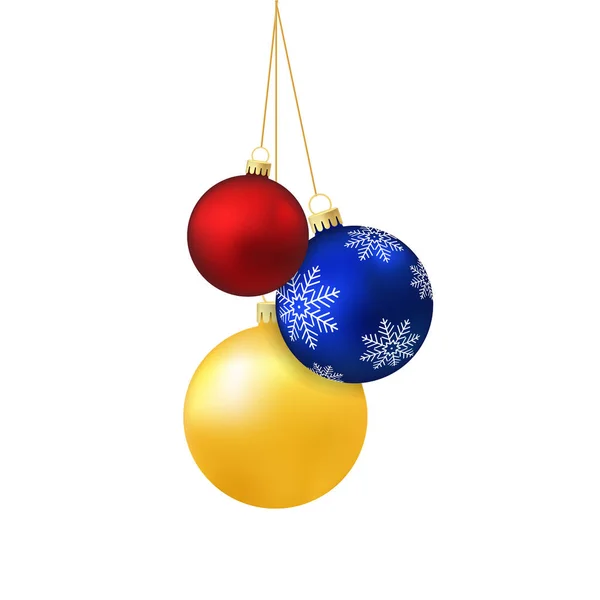 白い背景に隔離された文字列上のクリスマスの赤青と黄色のボール — ストックベクタ