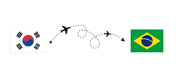 利用客机从韩国飞往巴西的航班和旅行 — 图库矢量图片