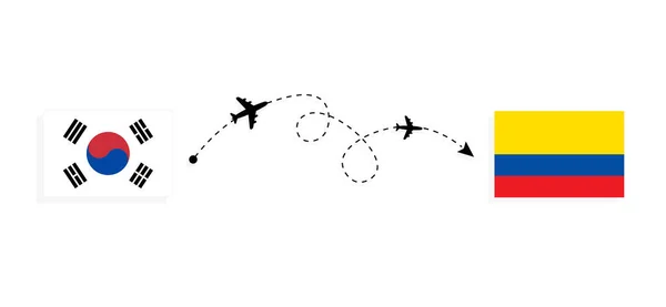 利用客机从韩国飞往厄瓜多尔的航班和旅行 — 图库矢量图片