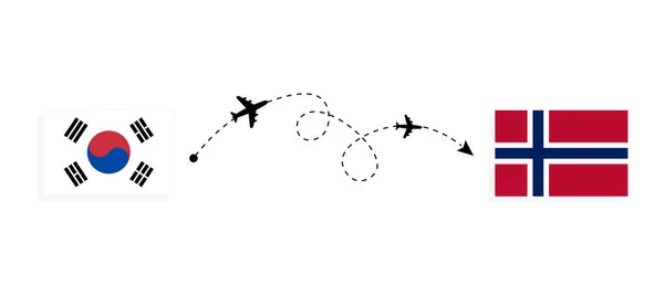 旅客機で韓国からノルウェーへのフライトと旅行のコンセプト — ストックベクタ