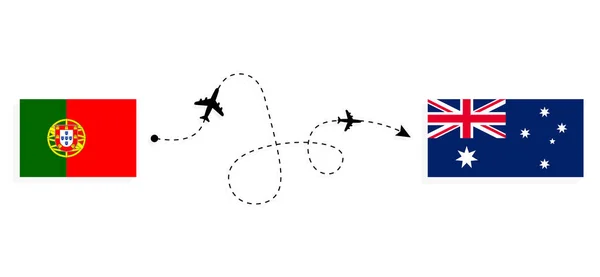 Vlucht Reizen Van Portugal Naar Australië Passagiersvliegtuig Reisconcept — Stockvector