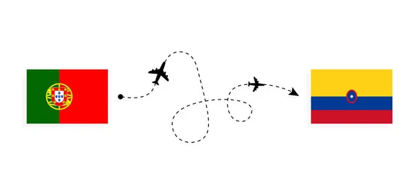 Flight Travel Portugal Colombia Passenger Airplane Travel Concept — 图库矢量图片