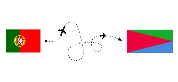 旅客機でポルトガルからエリトリアへのフライトと旅行旅行のコンセプト — ストックベクタ