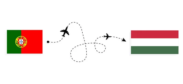 旅客機でポルトガルからハンガリーへのフライトと旅行 Travel Concept — ストックベクタ