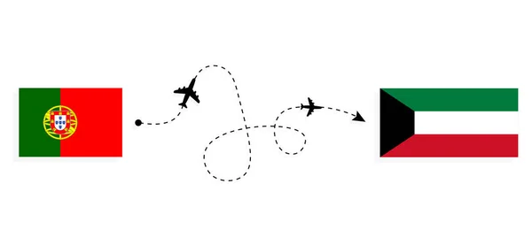Flight Travel Portugal Kuwait Passenger Airplane Travel Concept — Vector de stock