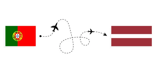 Vol Voyage Portugal Lettonie Par Avion Passagers Concept Voyage — Image vectorielle