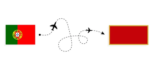 Πτήση Και Ταξίδι Από Πορτογαλία Προς Μαυροβούνιο Επιβατικό Αεροπλάνο — Διανυσματικό Αρχείο
