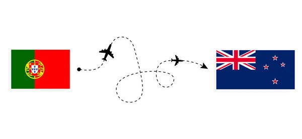 Voo Viagem Portugal Para Nova Zelândia Por Avião Passageiros Conceito — Vetor de Stock