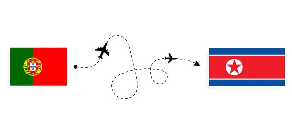 Vol Voyage Portugal Corée Nord Par Avion Passagers Concept Voyage — Image vectorielle