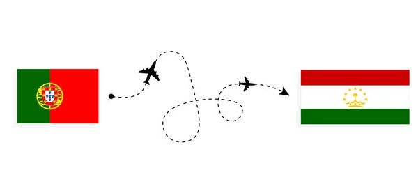 Vuelo Viaje Portugal Tayikistán Avión Pasajeros Concepto Viaje — Vector de stock