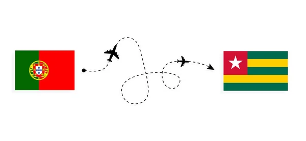 用客机从葡萄牙飞往多哥的航班和旅行 — 图库矢量图片