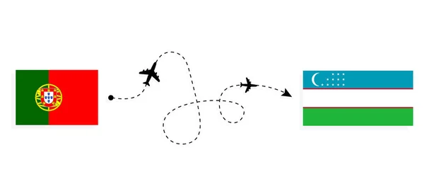 Flight Travel Portugal Uzbekistan Passenger Airplane Travel Concept — стоковый вектор