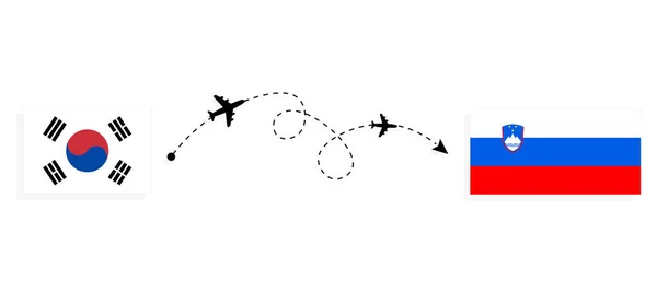 Flug Und Reise Von Südkorea Nach Slowenien Mit Dem Passagierflugzeug — Stockvektor