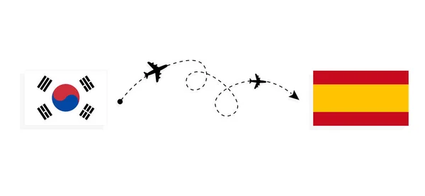 Vuelo Viaje Corea Del Sur España Avión Pasajeros Concepto Viaje — Vector de stock