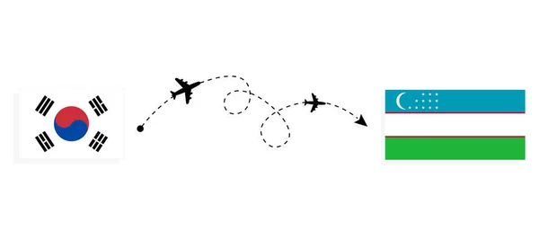 Voo Viagem Coreia Sul Para Uzbequistão Por Avião Passageiros Conceito —  Vetores de Stock