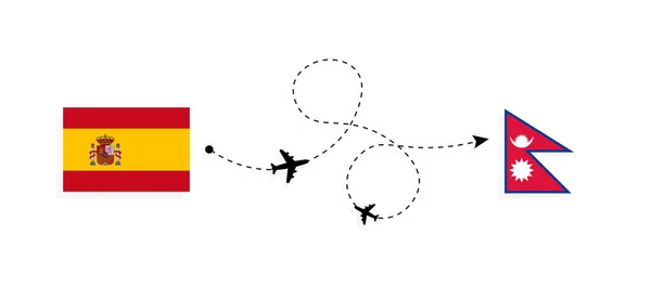 Flight Travel Spain Nepal Passenger Airplane Travel Concept — стоковий вектор