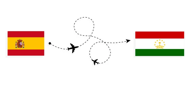 Vlucht Reizen Van Spanje Naar Tadzjikistan Passagiersvliegtuig Reisconcept — Stockvector