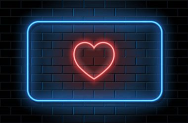 Red neon heart  with blue frame for valentines day on black brickwall background