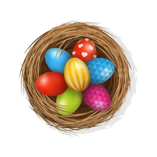 stock vector Easter eggs on wild bird nest from straw and twigs