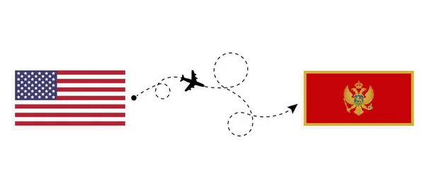 Vol Voyage Des États Unis Monténégro Par Avion Passagers Concept — Image vectorielle