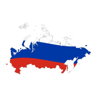 Beyaz zemin üzerinde bayrak bulunan Rusya Federasyonu haritası silueti
