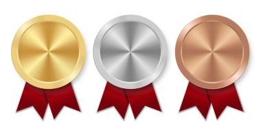 Kırmızı kurdeleli altın gümüş ve bronz madalya